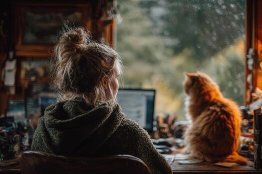 Young woman with messy bun, wearing cozy sweater, sits at desk with computer, gazing out window with cat beside her, creating a serene and contemplative atmosphere in a rustic workspace photo