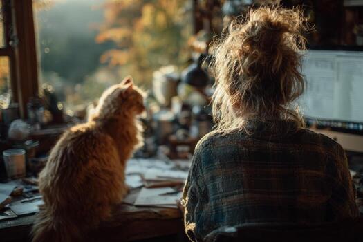 Woman with curly hair sitting at a desk, working on a computer, with a fluffy cat beside her, surrounded by papers and warm sunlight streaming through the window photo