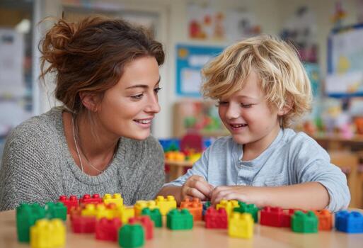 Young woman and child engaged in creative play with colorful building blocks on a table, fostering learning and connection through interactive activities in a bright environment photo