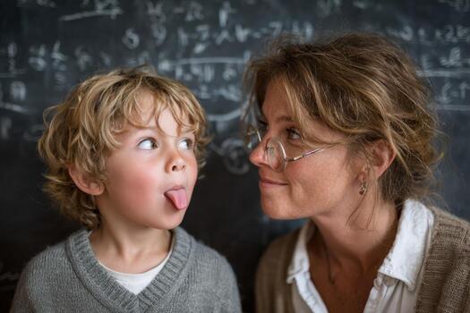 Playful child sticking out tongue interacts with smiling woman wearing glasses, both in front of a chalkboard filled with mathematical equations, capturing a joyful learning moment photo