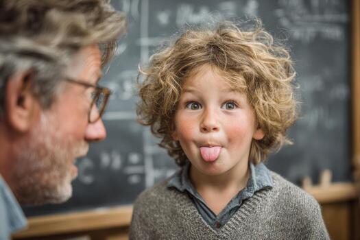 Young boy with curly hair playfully sticking out his tongue at an older man in a classroom setting, showcasing a lighthearted interaction and joyful learning atmosphere photo
