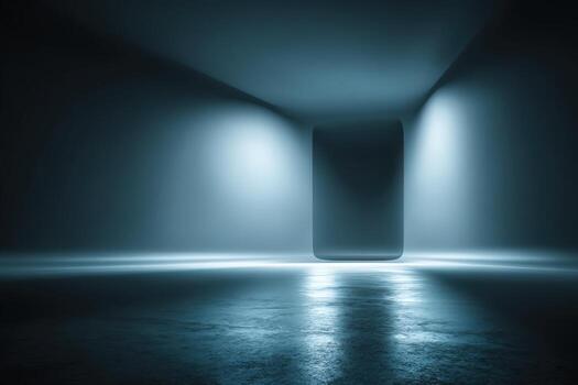 Minimalist interior space with dramatic lighting, featuring a large rectangular object in the center, creating an atmosphere of mystery and modern design with copy space photo