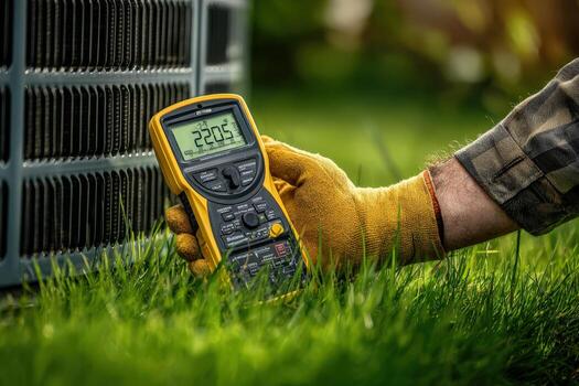Skilled technician wearing gloves is using a digital multimeter to measure electrical readings near an outdoor air conditioning unit in a lush green garden setting photo