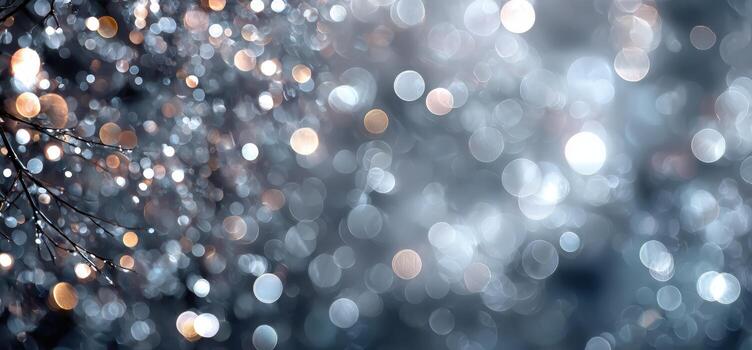 Soft bokeh background featuring shimmering lights in various colors, creating a dreamy atmosphere with blurred branches in the foreground, ideal for creative design projects and visual storytelling photo