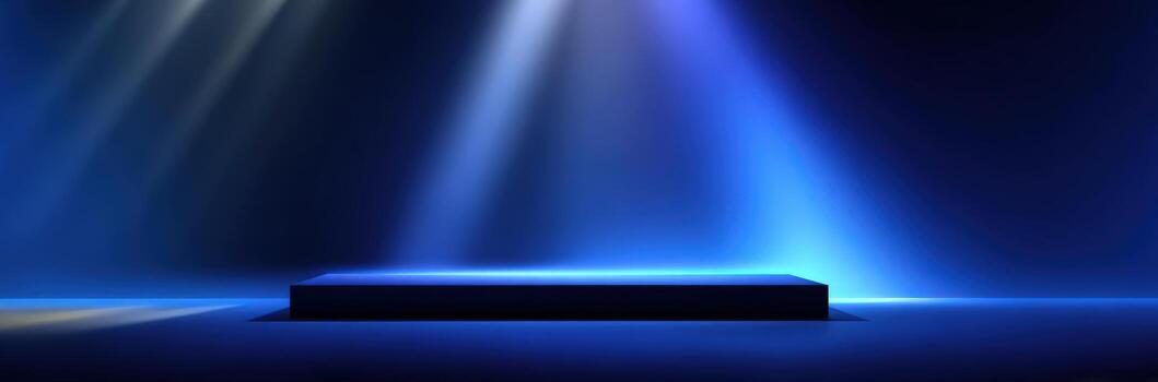 Dark stage platform illuminated by vibrant blue and purple lights, creating a dramatic atmosphere for performances, showcasing a modern artistic presentation concept photo