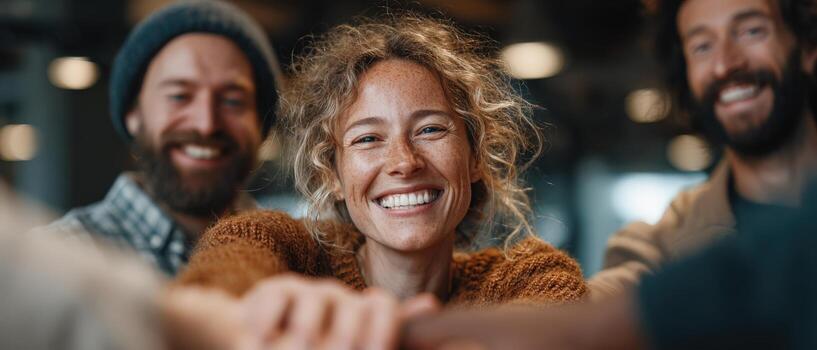 Group of diverse friends smiling together, showcasing unity and joy, with hands joined in a circle, creating a warm and inviting atmosphere of camaraderie and connection photo