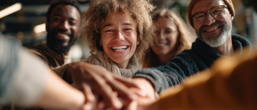 Group of diverse individuals smiling and joining hands in a collaborative gesture, showcasing unity and teamwork in a modern workspace environment with warm lighting photo