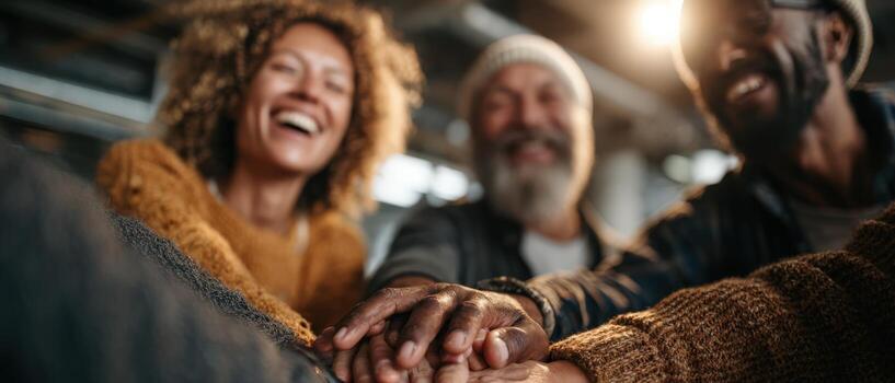 Group of diverse friends smiling and laughing together, with hands stacked in unity, showcasing camaraderie and connection in a warm, inviting atmosphere photo