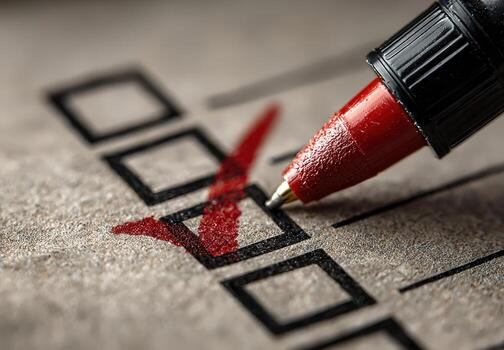 Close-up of a red marker making a check mark on a checklist, emphasizing completion and organization, with textured paper background enhancing visual interest and focus on task photo