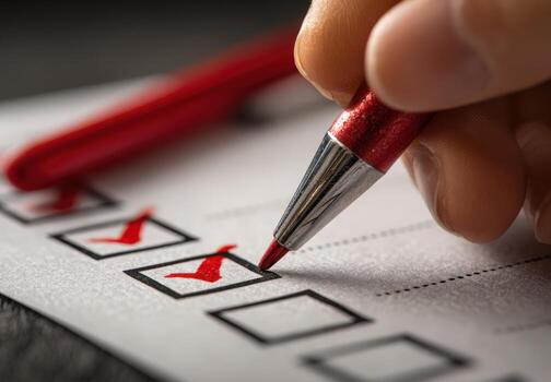 Hand holding red pen marks checklist boxes on paper, emphasizing organization and task completion, showcasing productivity and attention to detail in work environment photo