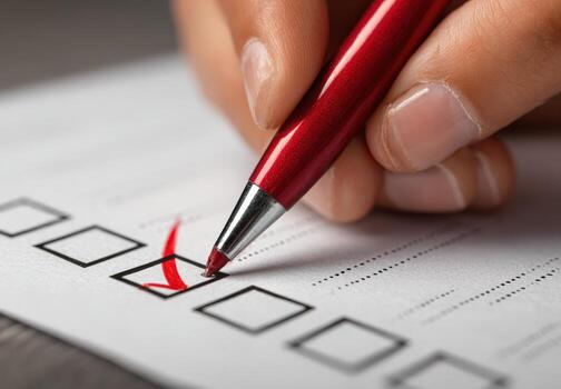 Hand holding a red pen, marking a checklist on a white paper, emphasizing organization and task completion in a professional setting with wooden surface background photo