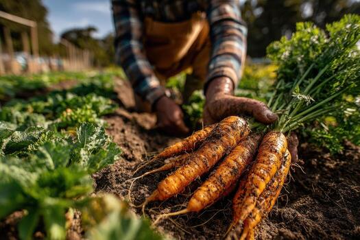 Close-up of a farmer's hands pulling fresh, vibrant orange carrots from the soil in a lush garden, showcasing the harvest process and connection to nature photo