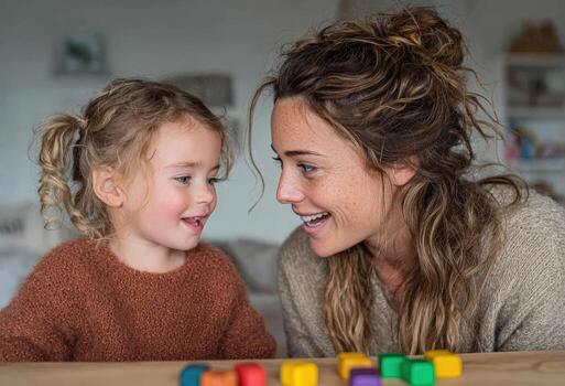 Young woman and girl engaged in playful interaction, sharing joyful moments while playing with colorful building blocks on a wooden table, showcasing love and connection in a cozy environment photo