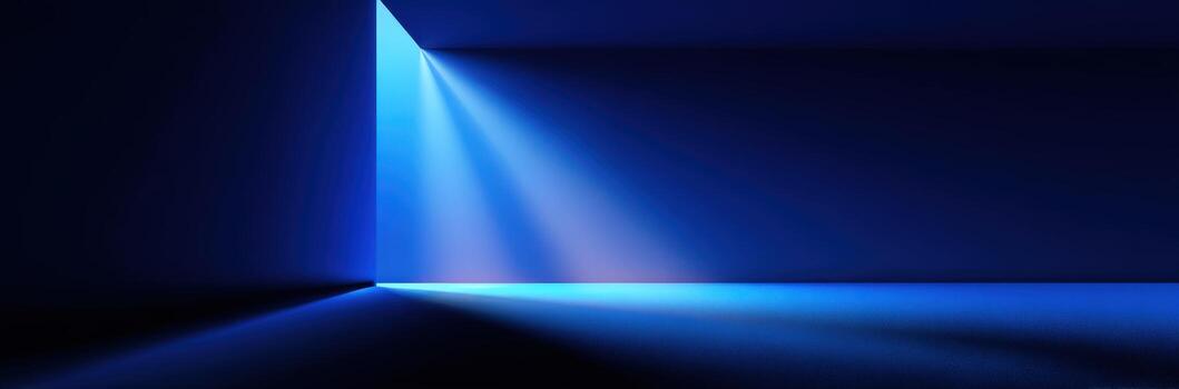 Abstract blue light beams illuminating a dark room, creating a dramatic atmosphere with shadows and reflections, enhancing the sense of depth and space in a minimalist setting photo