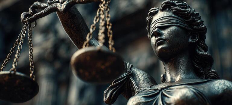 bronce estatua de dama justicia, con los ojos vendados, participación equilibrado escamas, simbolizando justicia y ley, conjunto en contra un texturizado Roca fondo, encarnando justicia y igualdad foto