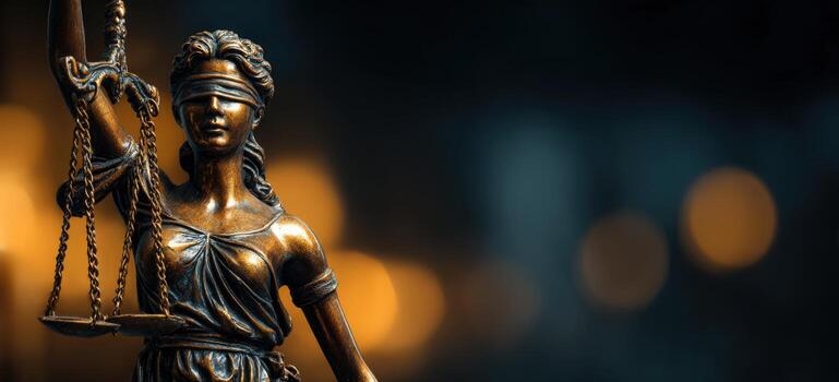 Bronze statue of Lady Justice holding scales and sword, symbolizing law and order, with a blurred background of warm bokeh lights creating an atmospheric effect photo
