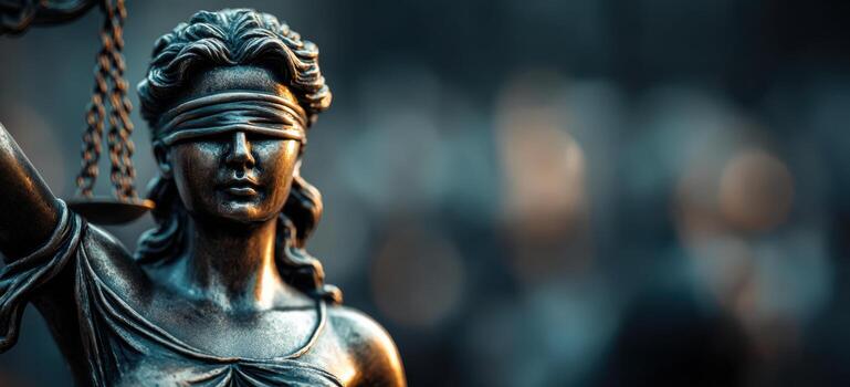 bronce estatua de dama justicia, con los ojos vendados y participación escamas, simboliza justicia y igualdad, conjunto en contra un borroso antecedentes de suave bokeh luces, representando justicia y ley foto