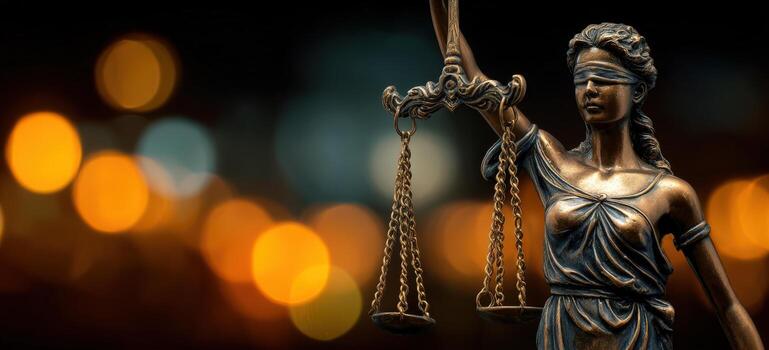 con los ojos vendados hembra figura de justicia participación escamas, simbolizando justicia y igualdad, con un borroso bokeh antecedentes creando un dramático y contemplativo atmósfera foto