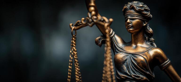 bronce estatua de dama justicia, con los ojos vendados y participación escamas, simboliza justicia y igualdad, conjunto en contra un oscuro borroso fondo, representando el legal sistema y justicia foto