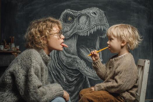 Young woman and child playfully sticking out tongues at each other, with a dinosaur mural in the background, showcasing a fun and creative interaction in a cozy environment photo
