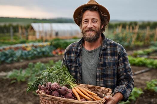 Smiling man with a beard wearing a hat holds a basket of freshly harvested vegetables, showcasing a vibrant garden with rows of crops and a greenhouse in the background photo