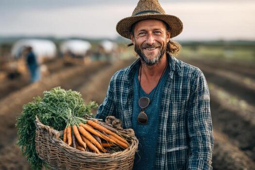 Smiling man with long hair wearing a straw hat holds a basket of freshly harvested carrots, standing in a vibrant field with rows of crops under a clear sky photo