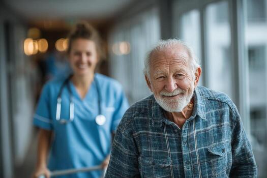 Elderly man with a joyful expression is being assisted by a smiling healthcare worker in a corridor, showcasing compassion and care in a healthcare environment photo