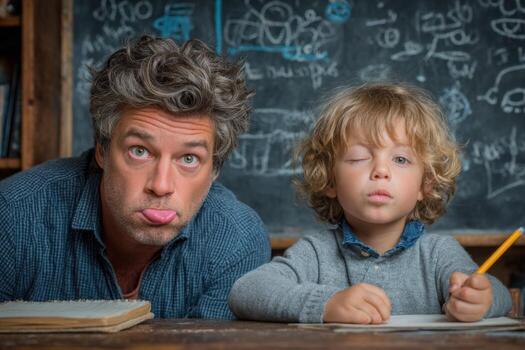 Adult man and young boy making funny faces while sitting at a wooden table with notebooks, surrounded by a chalkboard filled with drawings and equations, showcasing playful learning atmosphere photo
