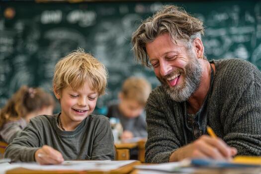 Young boy and adult male mentor engaged in creative drawing activity at classroom table, showcasing joyful interaction and learning environment with colorful materials photo