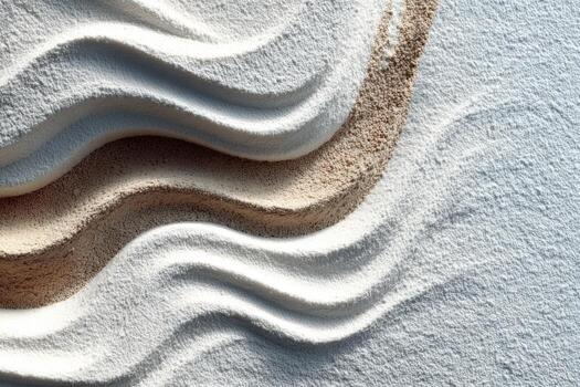 Abstract composition of white and brown sand creating flowing wave patterns on a textured surface, showcasing the beauty of natural materials and artistic design concepts photo
