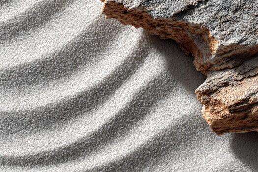 texturizado arenoso superficie con amable olas y un escabroso rock formación, creando un armonioso mezcla de natural elementos y orgánico patrones en un sereno ambiente foto