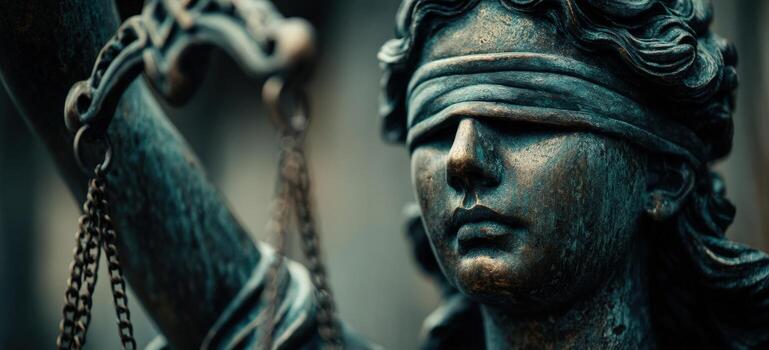 con los ojos vendados estatua de dama justicia, simbolizando justicia y igualdad, participación escamas y espada, con intrincado detalles y texturas, representando el legal sistema y moral integridad foto