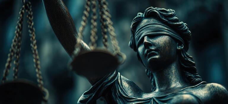 bronce estatua de dama justicia, con los ojos vendados y participación escamas, simboliza justicia y igualdad en ley, conjunto en contra un dramático oscuro fondo, representando justicia y integridad foto
