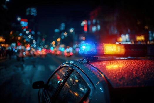 Police car with flashing lights parked on a wet street at night, illuminated by colorful city lights, creating a dramatic urban scene with reflections and atmosphere photo