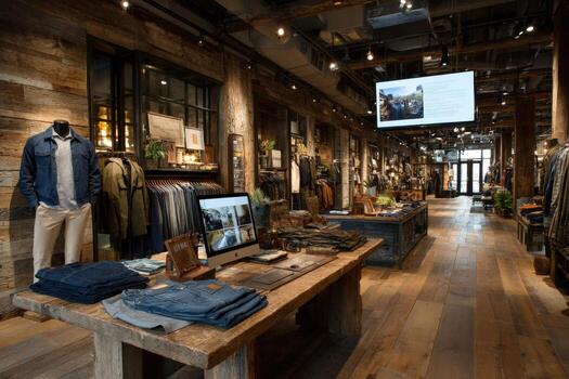 Retail store interior showcasing a rustic design with wooden elements, clothing displays, and digital screens, creating an inviting shopping atmosphere for customers photo