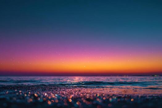 Vibrant sunset over calm ocean waters, showcasing a stunning gradient of colors from deep blue to warm orange, creating a serene and tranquil atmosphere for relaxation photo