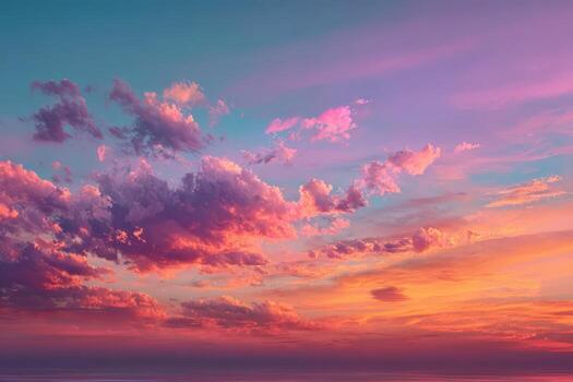 Vibrant sunset sky with colorful clouds, showcasing a stunning gradient of pink, purple, and orange hues, creating a serene and tranquil atmosphere for nature lovers and photographers photo