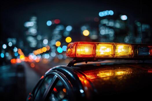 Emergency vehicle with flashing lights parked on city street at night, illuminated by vibrant bokeh lights from buildings and traffic, creating a dramatic urban scene photo