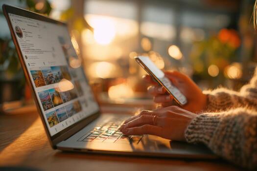Individual using smartphone while typing on laptop, surrounded by warm sunlight, showcasing a cozy workspace with plants and digital content on screen, emphasizing modern connectivity photo