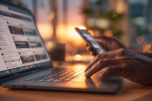 Close-up of a hand using a smartphone while typing on a laptop, with a warm sunset glow illuminating the workspace, showcasing modern technology and connectivity photo