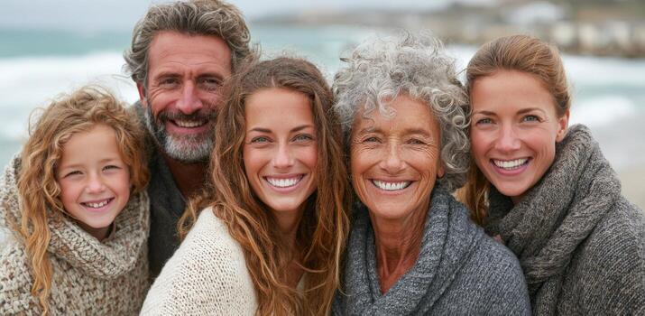 Group of diverse family members smiling together on a beach, wearing cozy sweaters, with ocean waves and a cloudy sky in the background, capturing joyful moments of togetherness photo