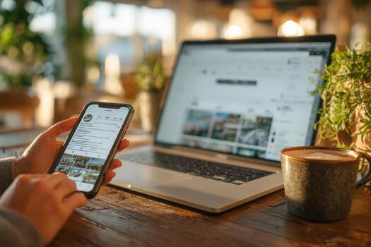 Person using smartphone to browse social media while sitting at wooden table with laptop and coffee cup, showcasing modern digital lifestyle and connectivity photo