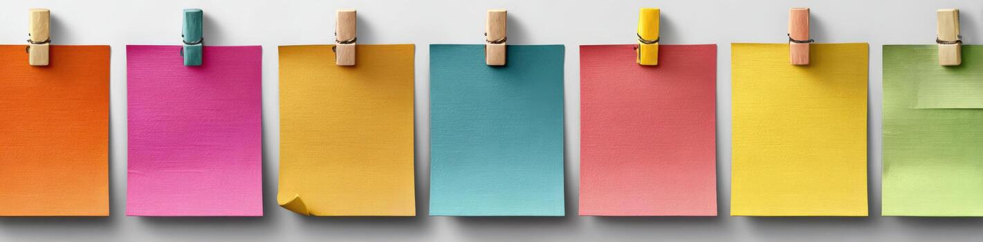 Colorful sticky notes in various shades are clipped to a white surface, showcasing a vibrant arrangement of notes for organization and creativity in workspace settings photo