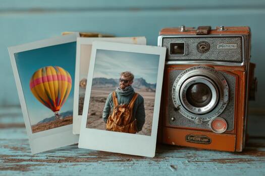 Vintage camera with colorful photographs of a hot air balloon and a traveler, showcasing memories and adventures captured in a nostalgic setting with warm tones photo