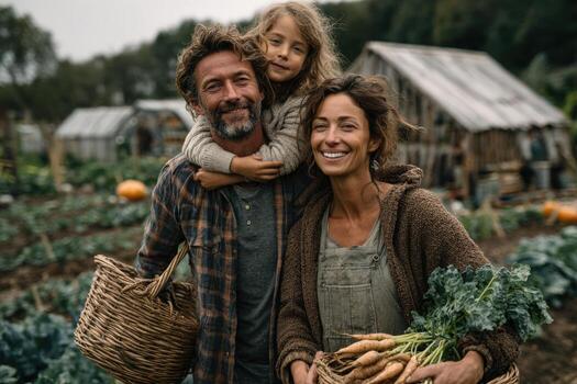 Family of three, smiling together in a lush vegetable garden, holding fresh produce, with green crops and rustic farm structures in the background, showcasing a joyful farming lifestyle photo