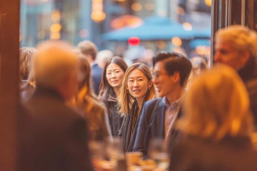 Asian woman smiling while engaging in conversation with friends in a bustling outdoor cafe, surrounded by a lively crowd and warm ambient lighting, capturing a moment of connection photo