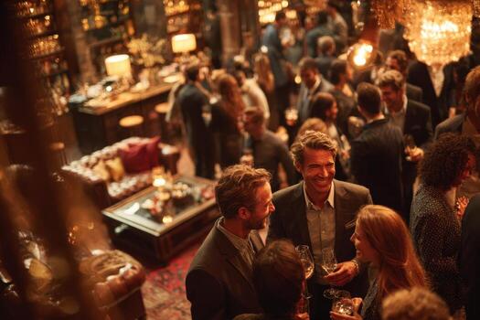 Group of diverse individuals enjoying a lively social gathering in an elegant bar, with warm lighting and stylish decor, creating a vibrant atmosphere of celebration and connection photo