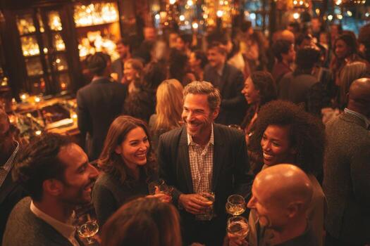 Group of diverse individuals enjoying a lively social gathering in a warmly lit bar, engaging in conversation and laughter, creating a vibrant atmosphere of connection and celebration photo