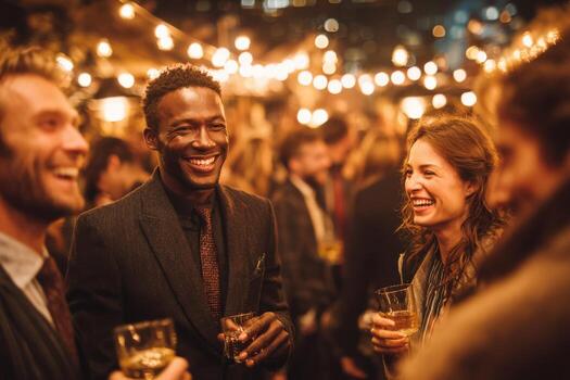 African American man and woman laughing together at a lively outdoor party with string lights, surrounded by friends enjoying drinks and creating a joyful atmosphere photo