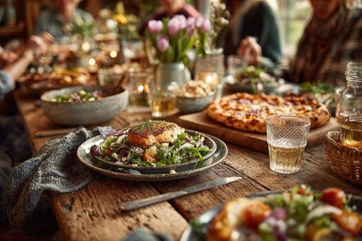 Vibrant table setting featuring a delicious salad, pizza, and drinks, surrounded by friends enjoying a cozy gathering, creating a warm and inviting atmosphere for shared meals photo